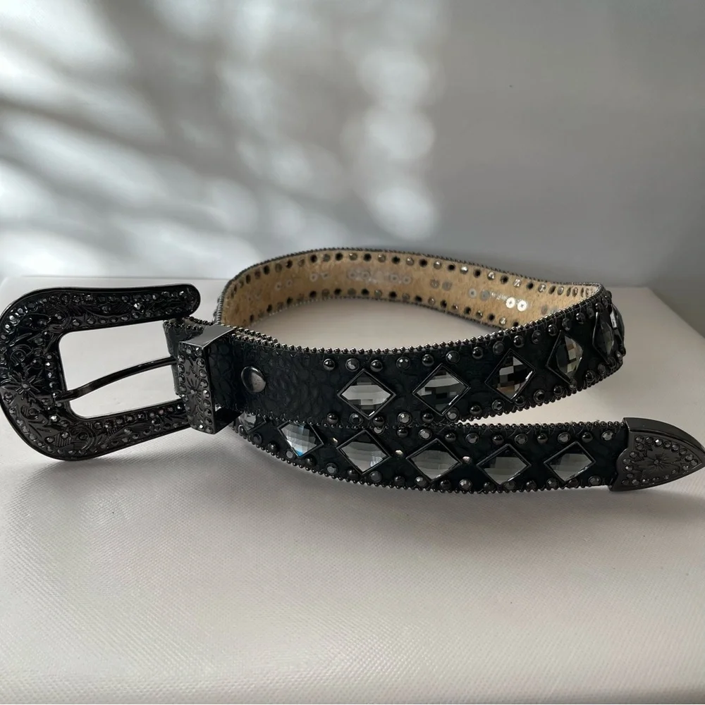Nocona Grey Charcoal Rhinestone Studded Leather Western Belt